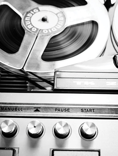 Susan Ball SB1319 - SB1319 - Vintage Reel to Reel      - 12x16 close-up reel-to-reel tape recorder, vintage audio, retro sound equipment, play pause buttons, black and white from Penny Lane
