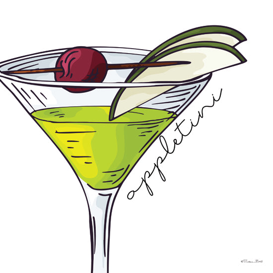 Susan Ball SB1465 - SB1465 - Appletini    - 12x12 apple martini illustration, green cocktail, martini glass, cherry garnish, olive pick, hand-drawn drink art, bar cart decor, playful beverage print, modern kitchen art, bright cocktail illustration, happy hour, party drink, whimsical food and drink art, mixology theme, contemporary line drawing from Penny Lane