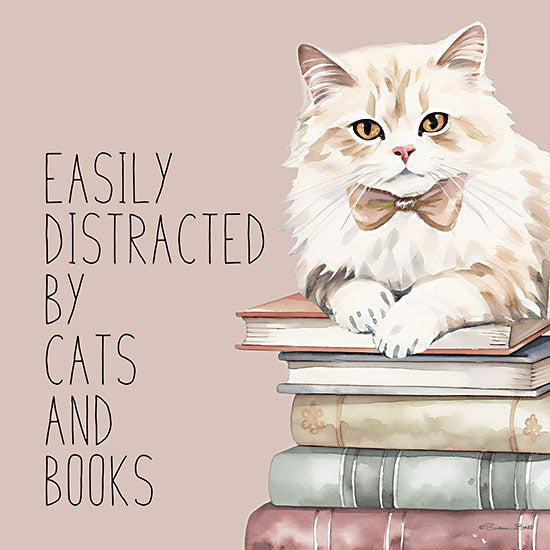 Susan Ball SB1526 - SB1526 - Easily Distracted by Cats and Books - 12x12 animals, hobbies & entertainment, typography, still life, pets, literature, humor, word art, cat, books, cute, bow tie, whimsical, watercolor, beige from Penny Lane