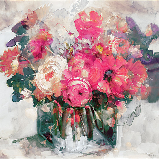 Stellar Design Studio SDS1538 - SDS1538 - Hues of Bloom 1 - 12x12 floral bouquet, watercolor style painting, vivid pink flowers, abstract petals, glass vase, painterly texture, romantic floral art from Penny Lane