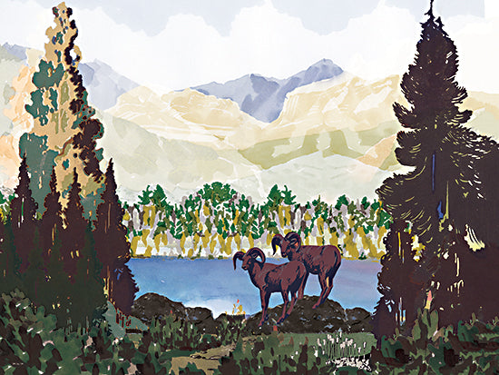 Stellar Design Studio SDS1544 - SDS1544 - Lake and Peaks - 16x12 mountain landscape, big horn sheep, forest lake, natural wilderness, watercolor scenery, outdoor adventure art, mountain wildlife, trees and mountains, serene view from Penny Lane