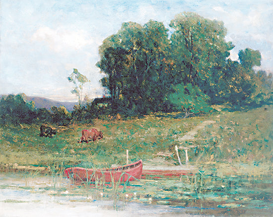 Stellar Design Studio SDS1548 - SDS1548 - The Farm Landing   - 16x12 Red rowboat, peaceful pond, grazing cows, lush green landscape, rustic countryside scene, aquatic reflection from Penny Lane