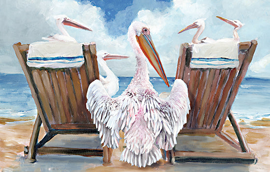 Stellar Design Studio SDS1594 - SDS1594 - The Mid-Day Meeting - 18x12 pelican birds on beach chairs, seaside scene, coastal wildlife, ocean background from Penny Lane