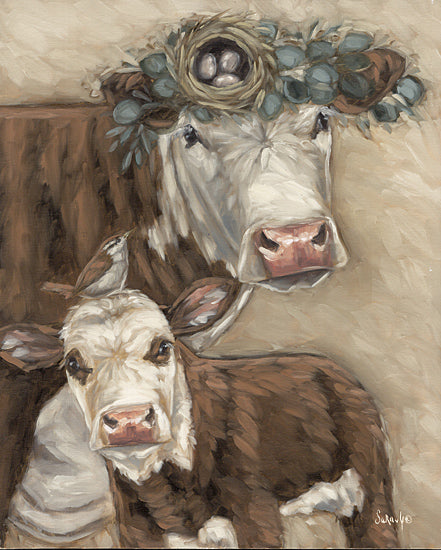 Sara G. Designs SGD222 - SGD222 - New Tenants - 12x16 Cows, Brown & White Cows, Whimsical, Greenery, Bird's Nest, Bird Eggs, Mother and Calf, Brushstrokes from Penny Lane