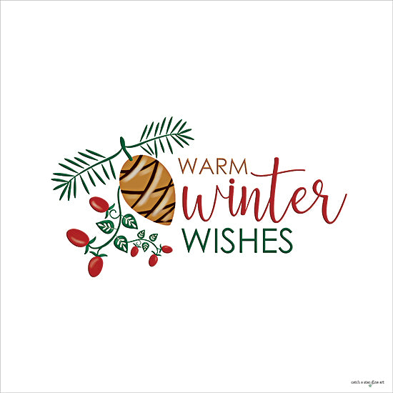 Catch A Star Fine Art STAR341 - STAR341 - Warm Winter Wishes - 12x12 holidays & seasonal, botanical, typography, winter, christmas, greenery, leaves, word art, pine cone, berries, spruce, festive, whimsical, decorative, digital illustration, multicolor from Penny Lane
