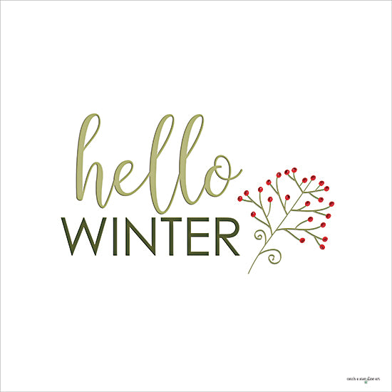 Catch A Star Fine Art STAR342 - STAR342 - Hello Winter - 12x12 holidays & seasonal, typography, botanical, winter, word art, greenery, berries, branch, script font, hand lettering, red berries, whimsical, decorative, digital illustration, multicolor from Penny Lane