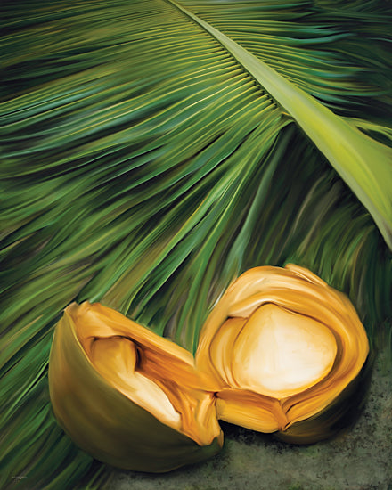 Catch A Star Fine Art STAR364 - STAR364 - Palm & Coconut - 12x16 coconut, split coconut, tropical fruit, palm frond, exotic food art, green leaf texture, creamy coconut flesh, painterly still life, island-inspired artwork, botanical food illustration, tropical decor, natural organic palette, kitchen art, fruit close-up, moody tropical composition from Penny Lane