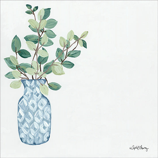April Chavez AC152 - AC152 - He Will Quiet You with His Love     - 12x16 Eucalyptus, Plants, Blue and White Vase, Geometric, Greenery from Penny Lane