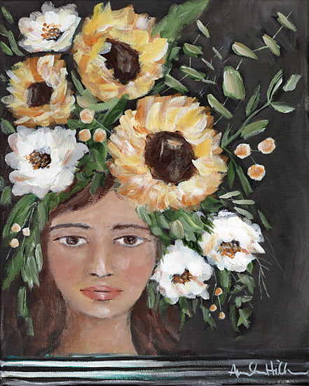Amanda Hilburn AH101 - AH101 - Sunflowers for you - 12x16 Floral Crown, Flowers, Sunflowers, Fall,  Girl, Woman, Whimsical, Black Background from Penny Lane