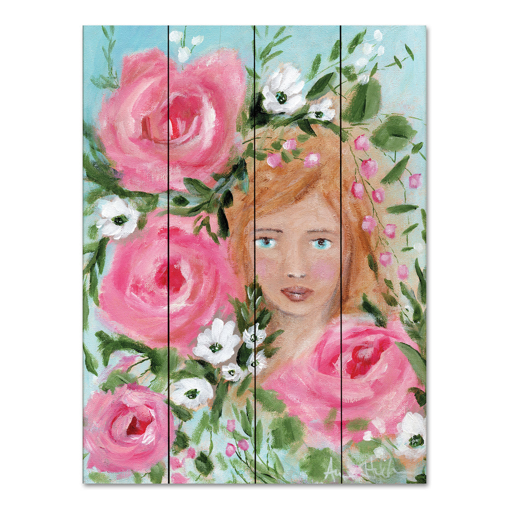 Amanda Hilburn AH116PAL - AH116PAL - Rosie Anne - 12x16 Floral Crown, Flowers, Roses, Pink Roses, Spring,  Girl, Woman, Whimsical, Blue Background from Penny Lane