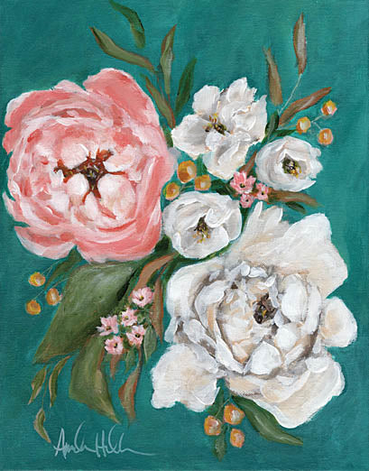 Amanda Hilburn AH122 - AH122 - Spring Blossoms and Peonies - 12x16 Peonies, Flowers, Spring, Greenery, Teal Background, Pink and White Flowers from Penny Lane