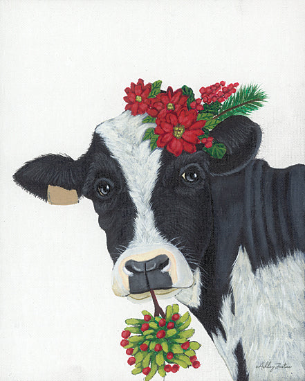 Ashley Justice AJ115 - AJ115 - Elsie - 12x16 Christmas, Holidays, Poinsettias, Red Poinsettias, Christmas Flowers, Whimsical, Cow, Black and White Cow, Mistletoe, Winter from Penny Lane