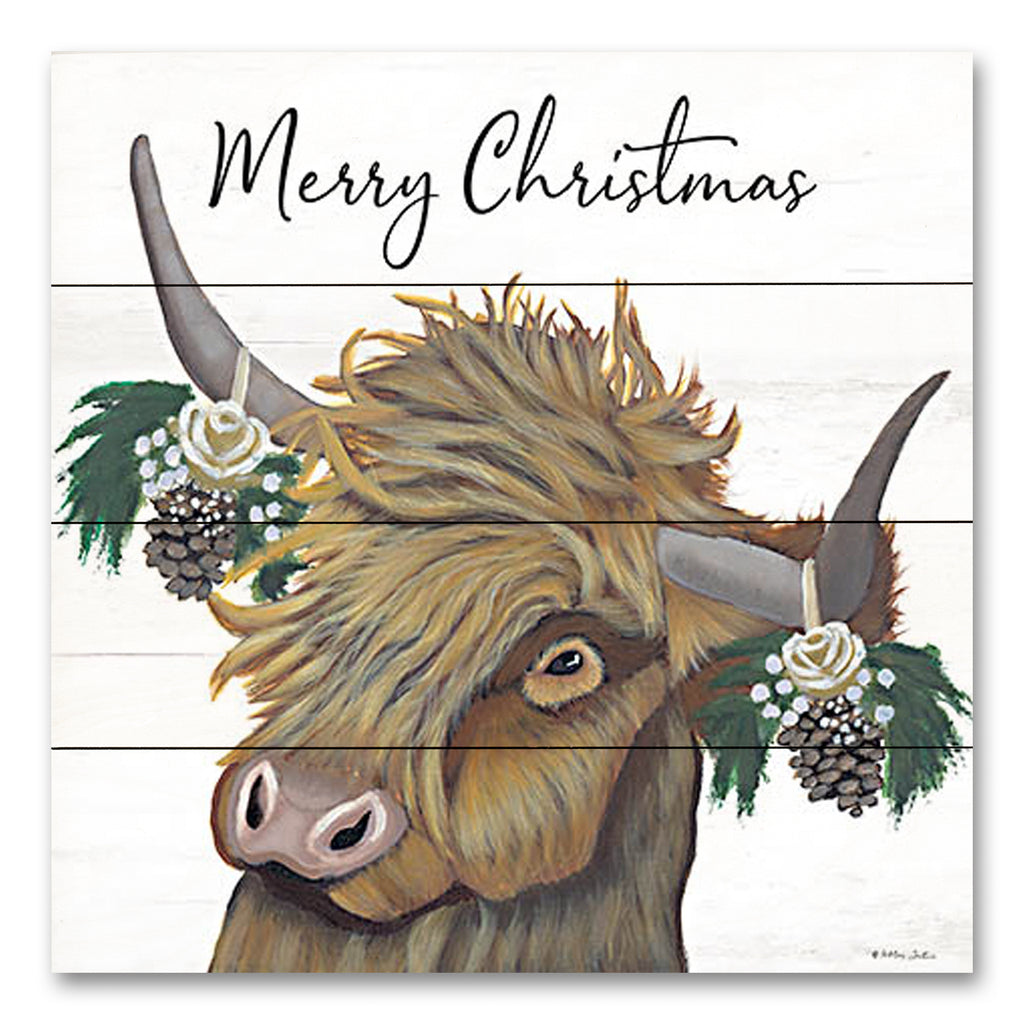 Ashley Justice AJ129PAL - AJ129PAL - Merry Christmas Highland - 12x12 Christmas, Holidays, Cow, Highland Cow, Whimsical, Typography, Signs, Merry Christmas, Greenery, Pine Cones, Winter from Penny Lane