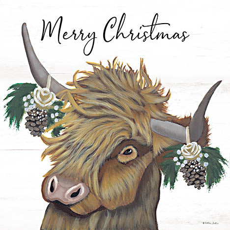 Ashley Justice AJ129 - AJ129 - Merry Christmas Highland - 12x12 Christmas, Holidays, Cow, Highland Cow, Whimsical, Typography, Signs, Merry Christmas, Greenery, Pine Cones, Winter from Penny Lane