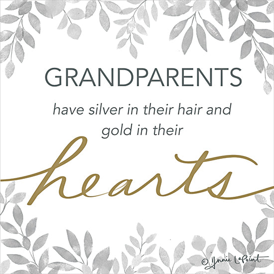 Annie LaPoint ALP2243 - ALP2243 - Grandparents Have Gold in Their Hearts - 12x12 Inspirational, Family, Grandparents, Hearts, Typography, Signs, Textual Art, Leaves, Greenery, Silver and Gold from Penny Lane