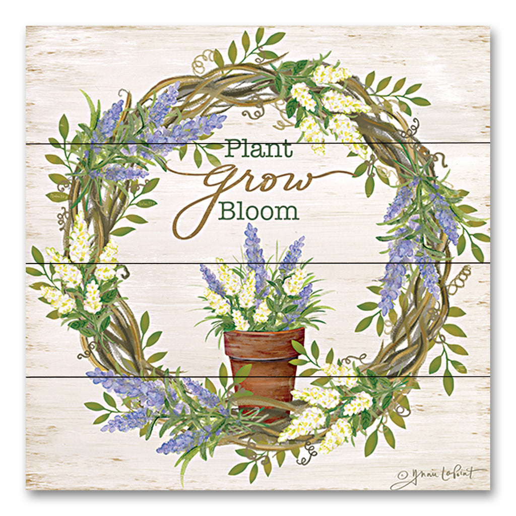 Annie LaPoint ALP2271PAL - ALP2271PAL - Plant, Grow, Bloom Wreath - 12x12 Lavender, Herbs, Wreath, Potted Lavender, Plant, Grow, Bloom, Motivational, Typography, Signs, Textual Art, Spring, Cottage/Country, Grapevine Wreath from Penny Lane