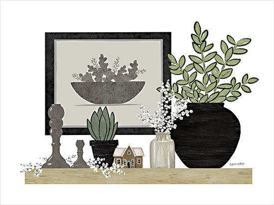 Annie LaPoint ALP2406 - ALP2406 - Peaceful Retreat I - 16x12 Still Life, Vase, Greenery, Candlesticks, Flowers, White Flowers, Little House, Shelf, Framed Picture, Peaceful Retreat, Muted Colors from Penny Lane