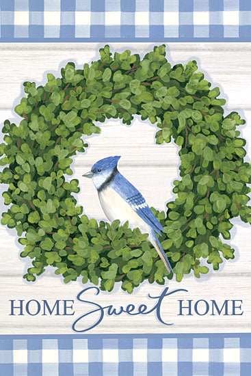 Annie LaPoint ALP2417 - ALP2417 - Bluebird Home Sweet Home - 12x18 Wreath, Blue Jay, Home Sweet Home, Typography, Signs, Textual Art, Spring, Blue & White Plaid from Penny Lane