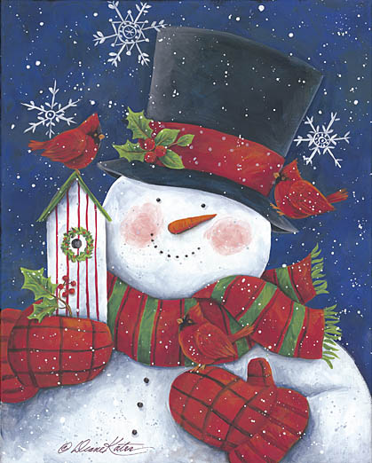 Diane Kater ART1029 - Cheery Snowman with Birdhouse - Snowman, Cardinal, Birdhouses, Top Hat, Scarf, Mittens, Holidays from Penny Lane Publishing