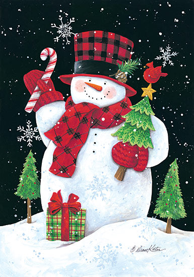 Diane Kater ART1046 - Plaid Top Hat Snowman - Snowman, Plaid, Snow, Holiday, Presents, Trees, Cardinal from Penny Lane Publishing