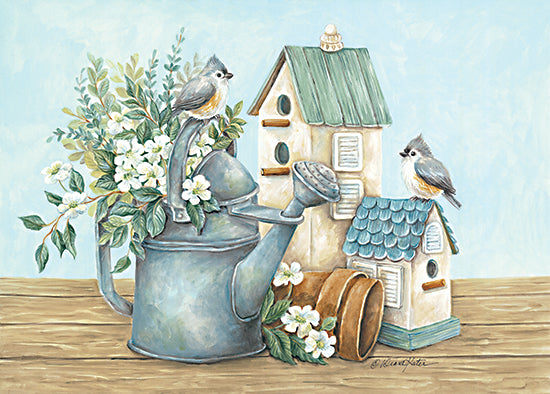 Diane Kater ART1201 - ART1201 - Watering Can and Chickadees - 18x12 Chickadees, Birdhouse, Watering Can, Flowers, Flower Pots from Penny Lane