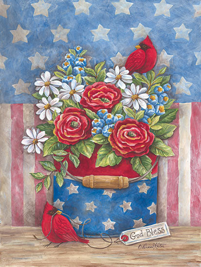 Diane Kater ART1250 - ART1250 - American the Beautiful - 12x18 America the Beautiful, Cardinals, Flowers, Bouquet, American Flag, Bucket, Birds, Still Life from Penny Lane