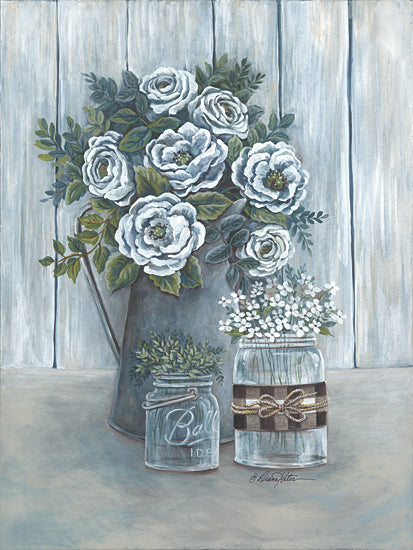 Diane Kater ART1252 - ART1252 - Floral Country Gray - 12x16 Flowers, Blue Flowers, Glass Jars, Country, Blue and Gray, Greenery, Bouquet, Still Life from Penny Lane