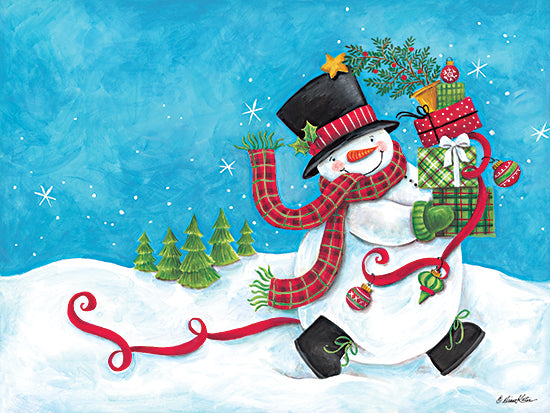 Diane Kater ART1310 - ART1310 - Snowman on the Run - 16x12 Christmas, Holidays, Snowman, Winter, Snow, Presents, Top Hat, Christmas Decorations from Penny Lane