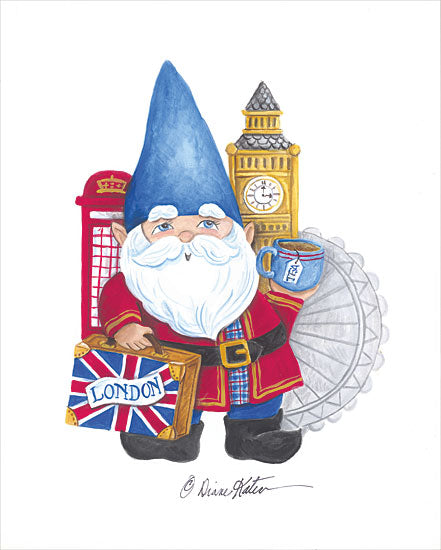 Diane Kater ART1314 - ART1314 - London Gnome - 12x16 Whimsical, Gnome, London, England, European, Travel, London Icons, Telephone Booth, Big Ben, Suitcase from Penny Lane