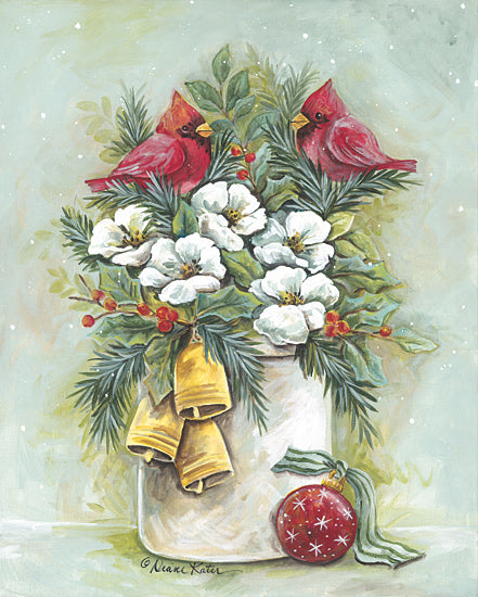 Diane Kater ART1342 - ART1342 - Christmas Cardinal Floral Still Life - 12x16 Christmas, Holidays, Still Life, Crock, Cardinals, Flowers, White Flowers, Greenery, Bells, Ornaments, Berries, Holly, Cottage/Country, Winter from Penny Lane