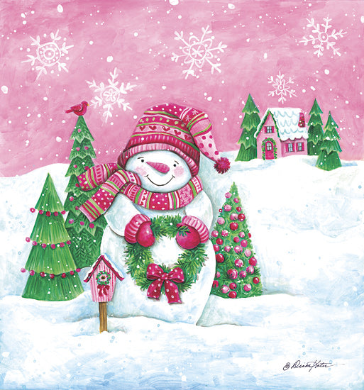 Diane Kater ART1356 - ART1356 - Pretty in Pink Snowman - 12x12 Christmas, Holidays, Snowman, Christmas Trees, Winter, Snow, Snowflakes, Wreath, House, Birdhouse, Cardinal, Pink, Green from Penny Lane