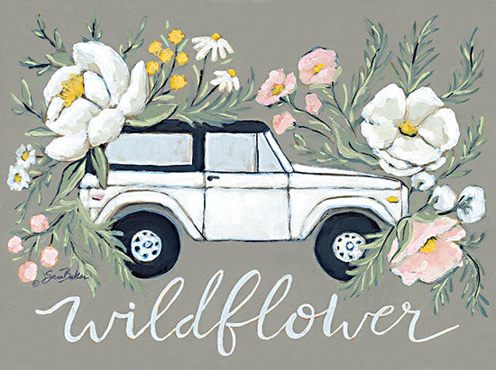 Sara Baker BAKE243 - BAKE243 - Off Road Wildflower    - 16x12 Whimsical, Truck, Flowers, Pink and White Flowers, Wildflower, Typography, Signs, Textual Art from Penny Lane