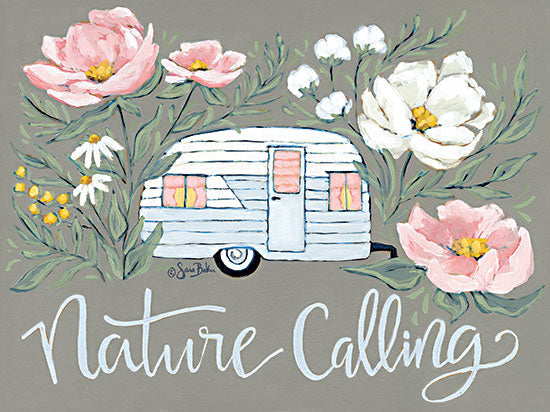 Sara Baker BAKE244 - BAKE244 - Nature Calling Camper    - 16x12 Whimsical, Camper, Camping, Flowers, Pink and White Flowers, Nature Calling, Typography, Signs, Textual Art from Penny Lane
