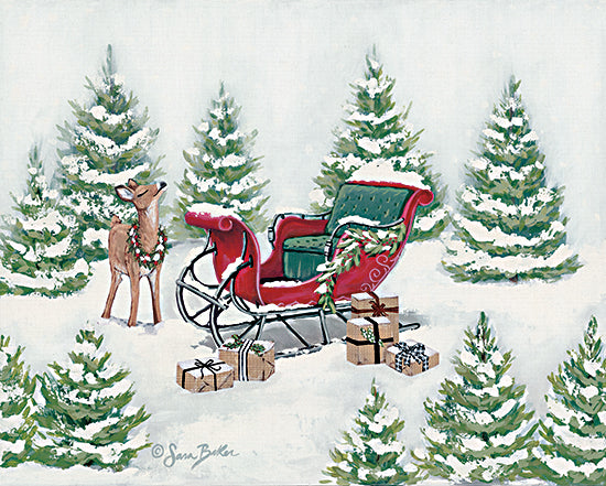 Sara Baker BAKE259 - BAKE259 - Christmas Sleigh - 16x12 Christmas, Holidays, Winter, Christmas Trees, Sleigh, Santa's Sleigh, Presents, Reindeer, Woods, Snow, Landscape, Christmas Tree Farm from Penny Lane