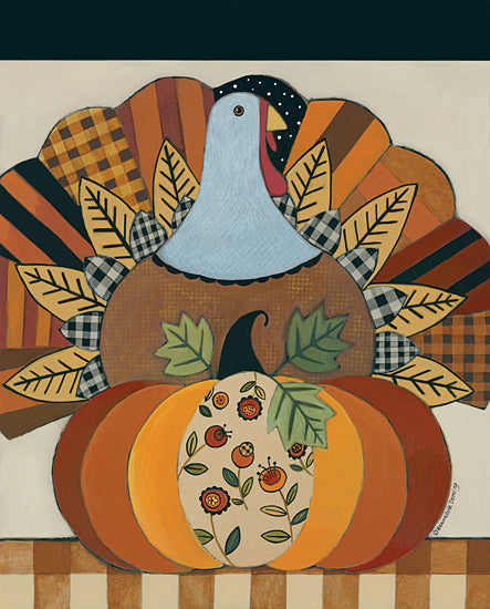 Bernadette Deming BER1413 - BER1413 - Turkey and Patterned Pumpkin - 12x16 Turkey, Pumpkin, Thanksgiving, Patchwork, Primitive from Penny Lane