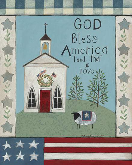 Bernadette Deming BER1420 - BER1420 - God Bless America - 12x16 God Bless America, Americana, Primitive, Patriotic, Sheep, Church, Stars and Stripes, Religion from Penny Lane
