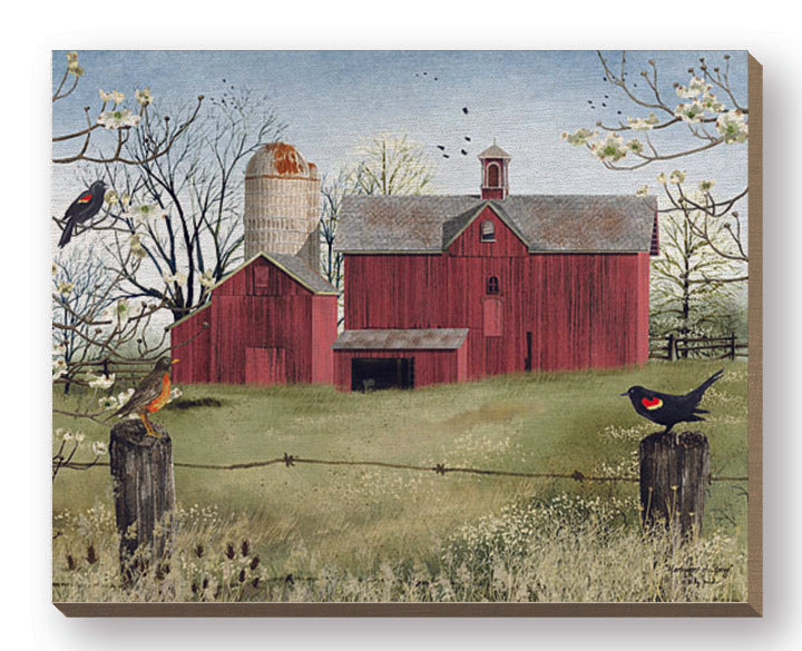 Billy Jacobs BJ1011FW - BJ1011FW - Harbingers of Spring   - 20x16 Folk Art, Barn, Red Barn, Farm, Fields, Birds, Fence, Flower Trees, Harbingers of Spring from Penny Lane