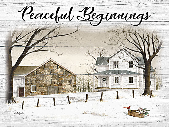 Billy Jacobs BJ1292 - BJ1292 - Peaceful Beginnings - 16x12 Winter, Home, House, Homestead, Barn, Stone Barn, Snow, Peaceful Beginnings, Typography, Signs, Textual Art, Folk Art, Wood Background from Penny Lane