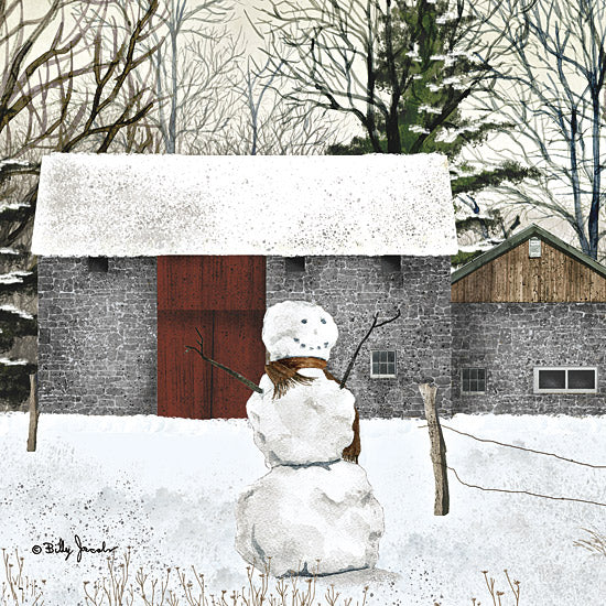 Billy Jacobs BJ1334 - BJ1334 - First Snow II - 12x12 Fok Art, Snowman, Farm, Barn, Brick Barn, Red Door, Winter, Snow, Farmhouse/Country, First Snow from Penny Lane