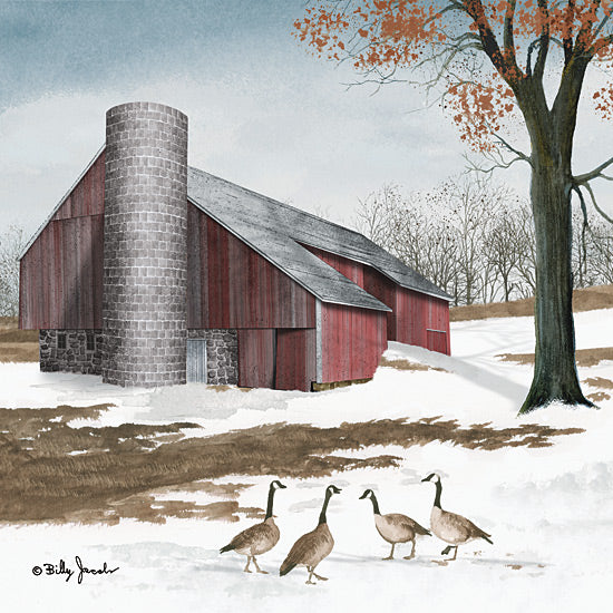 Billy Jacobs BJ1341 - BJ1341 - Headin' South II - 12x12 Folk Art, Winter, Barn, Red Barn, Farm, Geese, Snow, Trees, Landscape, Headin' South from Penny Lane