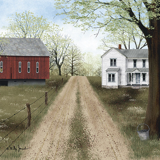 Billy Jacobs BJ1358 - BJ1358 - Warm Spring Day II - 12x12 Folk Art, Road, Path, Farm, Barn, Red Barn, House, Homestead, Farmhouse/Country, Landscape, Trees, Spring, Warm Spring Day from Penny Lane