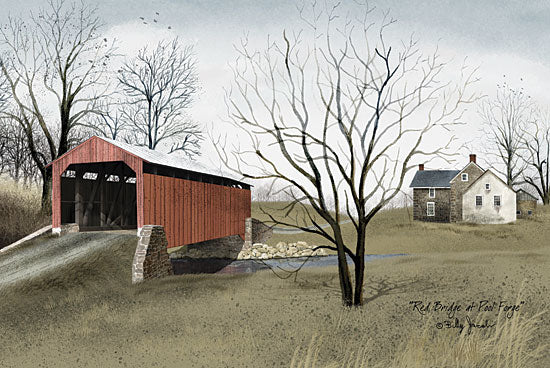 Billy Jacobs BJ142 - Red Bridge at Pool Forge - Bridge, Path, Tree, House from Penny Lane Publishing