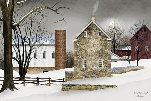 Billy Jacobs BJ190C - BJ190C - A Cold Winter's Night - 18x12 A Cold Winter's Night, Stone House, Evening, Winter, Snow, Farm, Barns, Landscape, Folk Art from Penny Lane