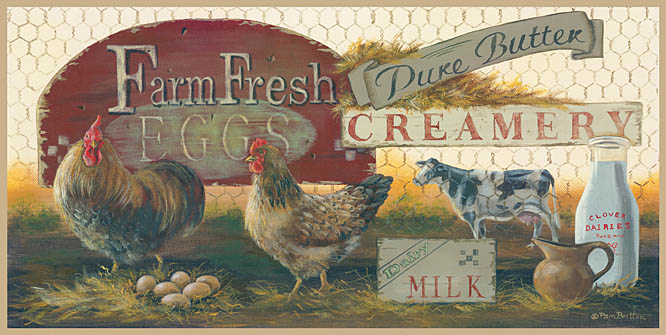 Pam Britton BR353 - Eggs & Cream I - Rooster, Chicken Wire, Eggs, Nest, Milk, Dairy, Farm from Penny Lane Publishing