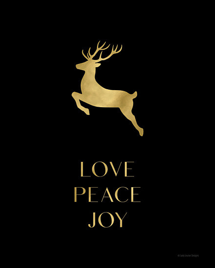 Lady Louise Designs BRO235 - BRO235 - Love, Peace, Joy Reindeer - 12x16 Love, Peace, Joy Reindeer, Reindeer, Black & Gold, Christmas, Holidays, Typography, Signs from Penny Lane