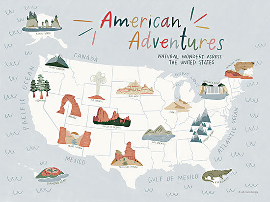 Lady Louise Designs BRO282 - BRO282 - American Adventures - 16x12 Travel, American Adventures, America, United States, Map, Typography, Signs, Textual Art, Landscape, American Icons from Penny Lane