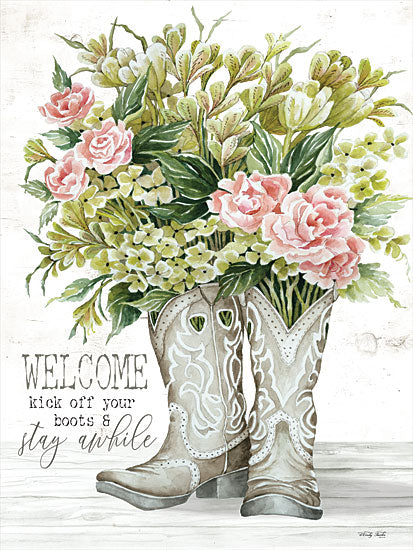 Cindy Jacobs CIN2158 - CIN2158 - Kick Off Cowboy Boots - 12x16 Welcome, Stay Awhile, Cowboy Boots, Flowers, Pink Flowers, Greenery, Signs, Western from Penny Lane