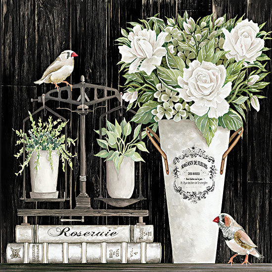 Cindy Jacobs CIN2366 - CIN2366 - Roses and Scales    - 12x12 Flowers, White Flowers, Roses, Birds, Scales, Books, Plants, Still Life from Penny Lane