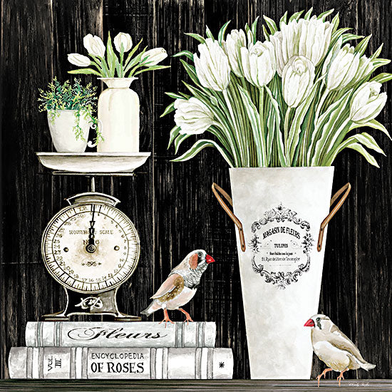 Cindy Jacobs CIN2367 - CIN2367 - Tulips and Scales   - 12x12 Flowers, White Flowers, Tulips, Birds, Scales, Books, Plants, Still Life from Penny Lane