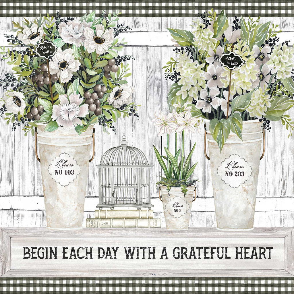 Cindy Jacobs CIN2681 - CIN2681 - Begin Each day - 12x12 Begin Each Day, Grateful Heart, Flowers, Still Life, Birdcage, Shabby Chic, Berries, Wood Background, Signs from Penny Lane